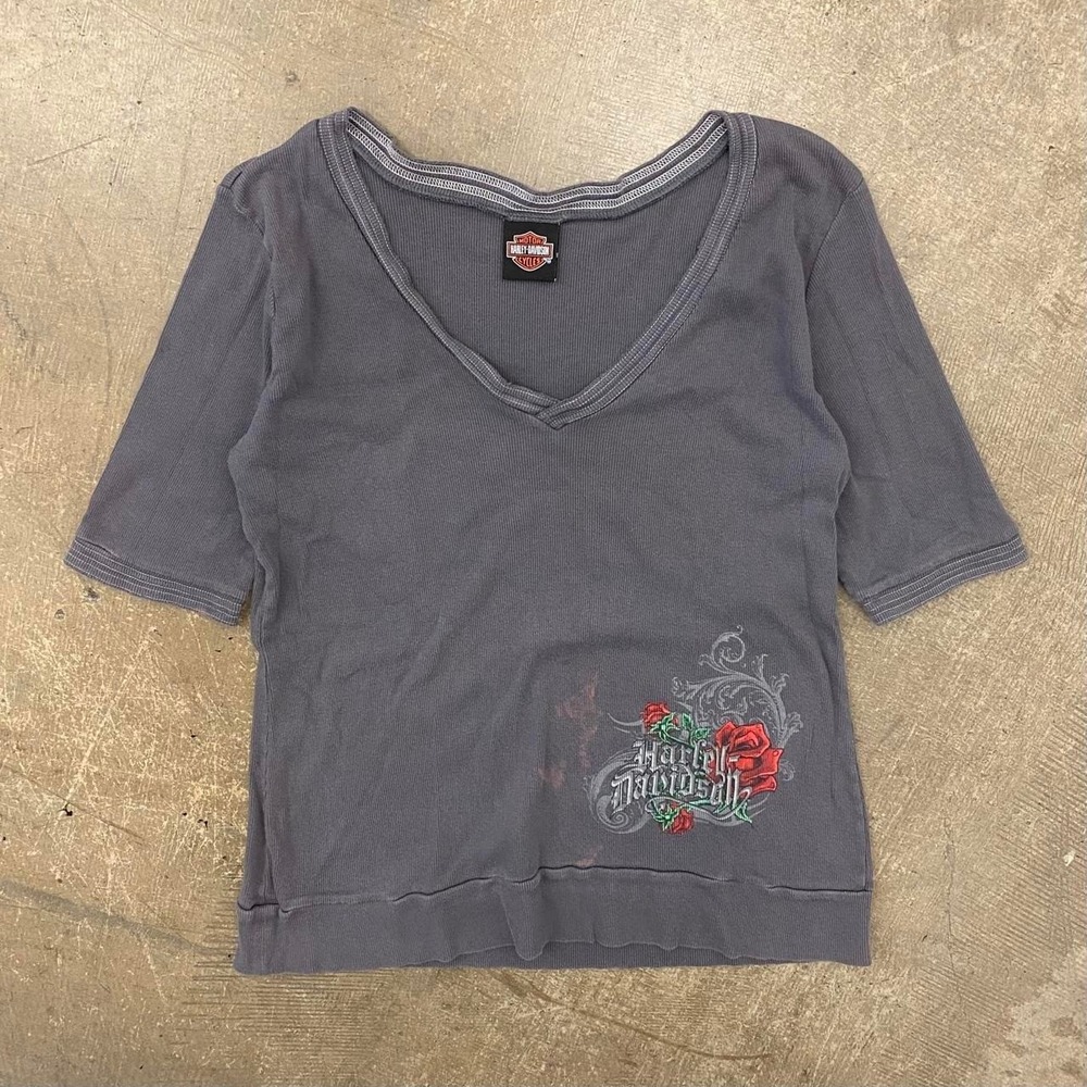 Y2K Harley Davidson Women's Low Neck Floral American Traditional 2000s T-Shirt M